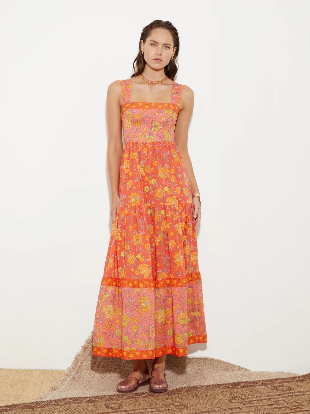 Boteh Square-Neck Floral Tiered Maxi Dress in Coral